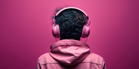 Person with pink hair from behind wearing headphones to listen music over on pink background. Person wearing bluetooth-headphones on head. People, technology concept. Generative AI