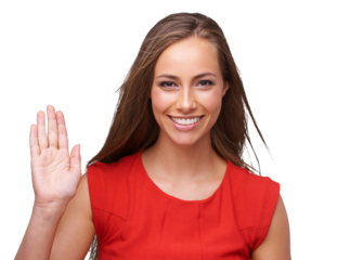Wave, welcome and portrait of a woman smile with happiness on an isolated, transparent png background. Happy, beauty and hello hand sign of a model alone with beautiful long hair and waving goodbye