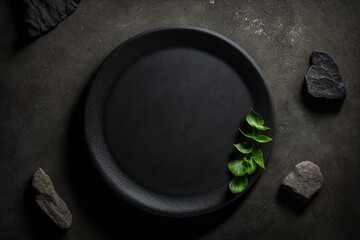 Obraz na płótnie Canvas Black plate on stone table, top view. Empty space for menu or recipe, cinematic composition. Ceramic black platter on stone table, mockup. Concept of elegance dark table setting. Generative AI