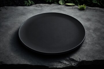 Black plate on stone table, top view. Empty space for menu or recipe, cinematic composition. Ceramic black platter on stone table, mockup. Concept of elegance dark table setting. Generative AI