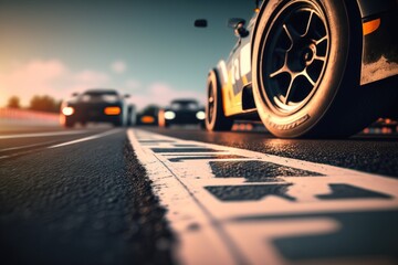 Close up on asphalt on a race track, cars waiting to start in the background. Generative AI