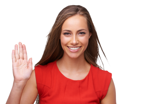 Wave, welcome and portrait of a woman smile with happiness on an isolated, transparent png background. Happy, beauty and hello hand sign of a model alone with beautiful long hair and waving goodbye