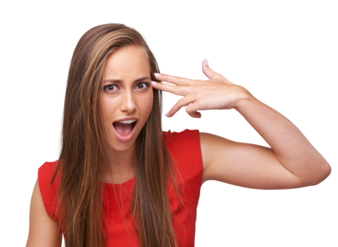 Wow, hand and portrait of a woman with gun for shooting on an isolated and transparent png background. Surprise, violence and girl with dark humor, finger rifle to shoot and pointing to head