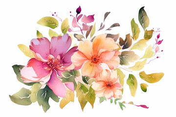 Lilac and pink flowers. Watercolor drawing on a white background. Postcard.  Generative AI.