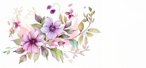 Branch of spring flowers of violet color, watercolor.   Generative AI.