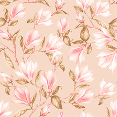 Pink floral seamless pattern. Watercolor magnolia flower
