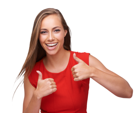 Thumbs up, success and portrait of a woman with a smile on an isolated and transparent png background. Thank you, motivation and model with an emoji hand for winning, achievement and yes