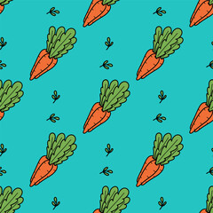 Cute spring and summer seamless pattern with carrots. Doodle Easter background for textile, wrapping paper, package, fabric, wallpaper