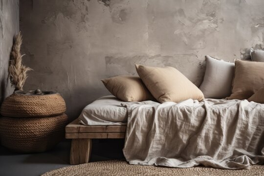 Pillows and cushions on crumpled bed against textured wall with copy space. Light boho stylish bedroom with natural material bedding and empty backdrop. Generative AI
