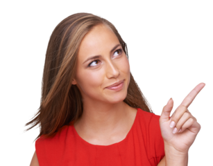 Hand point, woman and model on isolated, transparent png background with a smile. Happy, beautiful and calm person pointing finger and hands with mock up alone and long hair smiling with casual look