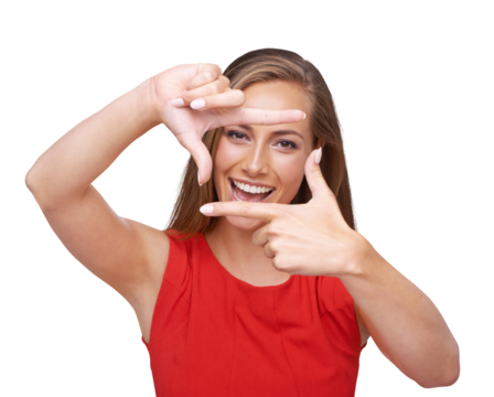 Creative, hand and frame portrait of woman with smile for inspiration, planning or photography on an isolated, transparent png background. Happy, excited and natural model with creativity perspective