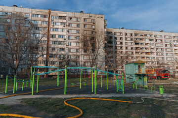 A strike on a high-rise building in the city of Zaporozhye, Ukraine. A residential building destroyed by an explosion following a Russian missile attack. Consequences of the explosion. Houses in the c