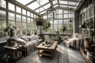 Warm, airy conservatory interior with gray couch and several green house plants. Interior hygge. Biophilia. Concentration. Generative AI