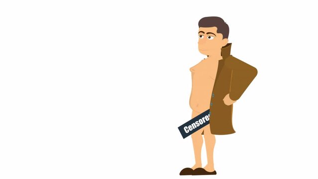 Exhibitionist. Animation of a pervert in a raincoat, alpha channel is turned on. Cartoon