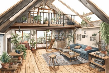 Fototapeta na wymiar Unfinished blueprint, bohemian mezzanine living room. with gabled ceiling. planters. Mediterranean decor,. Generative AI