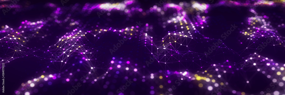 Poster Dynamic particle wave in cyberspace. Futuristic wave with connected dots and lines. Flow digital structure. Data technology background. 3D rendering.