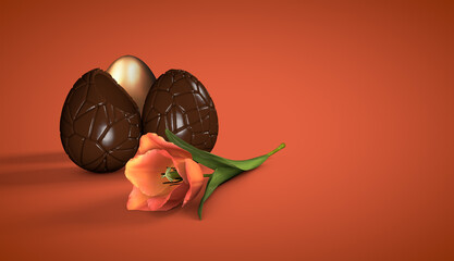 Chocolate eggs and a tulip on an orange background. 3D Illustration.