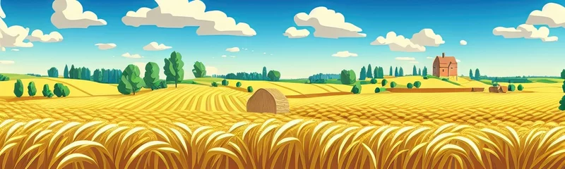 Foto op Canvas ears of wheat. Farm field. For package. Barley illustration in vintage style. Wheat grain. Summer landscape with a field of ripe wheat, hills and lobes in the background. Raster illustration. © Павел Кишиков