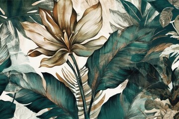 Tropical leaf wallpaper, marble texture, gold detail, mural art. Generative AI