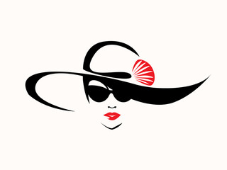 Beautiful woman with elegant makeup, wearing a stylish hat and sunglasses. Fashion, beauty salon and lifestyle illustration. Young lady portrait isolated on light fund. Red lipstick. Cute face logo.