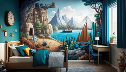  Creative and bright eco design of a children's room. Bright fantasy wallpaper on the wall of baby room. Adventure theme. Generative AI illustration.