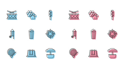 Set line Classic dart board and arrow, Swing, Drum with drum sticks, Attraction carousel, Popcorn cardboard box, Target sport for shooting competition, Firework rocket and Paw print icon. Vector