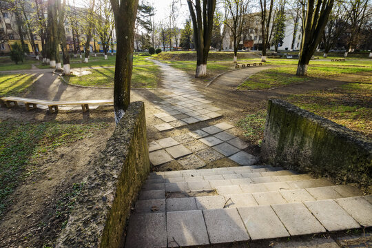 walkway with steps in the park. vacation and leisure background