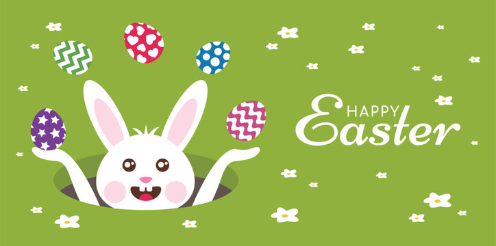 Happy Easter, Easter design with a cartoon white Easter bunny juggling colorful decorated Easter eggs through a hole in the ground. Vector illustration.