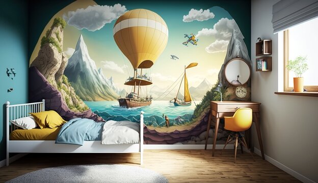  Creative and bright eco design of a children's room. Bright fantasy wallpaper on the wall of baby room. Adventure theme. Generative AI illustration.