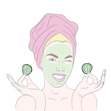 Young Woman Makes Face Mask, Self Care Girl.