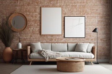Modern living room brick wall with empty vertical picture frame. Scandi boho interior mockup. Image space. Rattan couch and dry grass. Generative AI