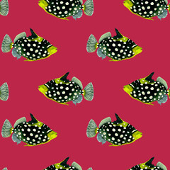 Seamless pattern of a marine, tropical theme. Black fishes. Watercolor hand drawn illustration. For decoration and design. On Viva Magenta background.