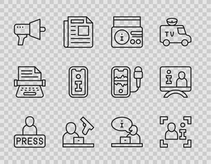 Set line Journalist news, Television report, News radio channel, Crime, Megaphone, Information, and icon. Vector