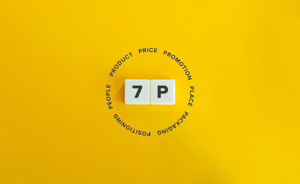7Ps of business and marketing (product, price, promotion, place, packaging, positioning and people). Letter Tiles on Yellow Background. Minimalist Aesthetic.