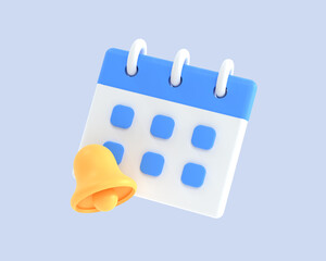 A blue and white calendar with a yellow bell on it.