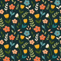 Floral seamless vector background, simple flower shapes, repeat pattern.