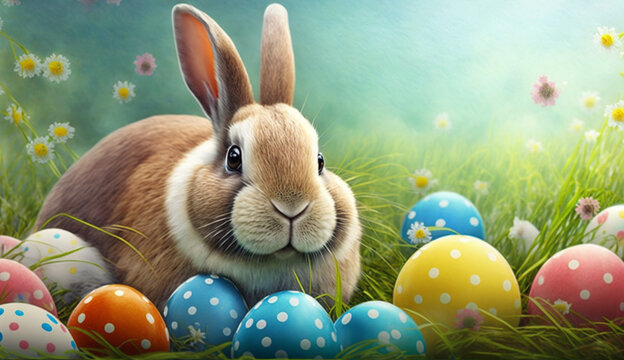 Cute bunny and coloring easter eggs with nature background