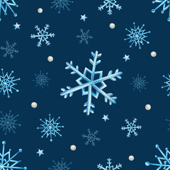 Naklejka na ściany i meble Watercolor seamless pattern with snowflakes. Hand painting on an isolated background. For designers, decoration, postcards, wrapping paper, scrapbooking, covers, invitations, posters and textile