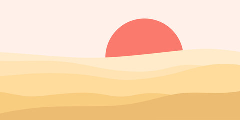 Abstract aesthetic background with landscape, desert, sand dunes, Sun. Boho wall decor. Minimalist style Abstract sand-dune desert landscape illustration. Vector illustration