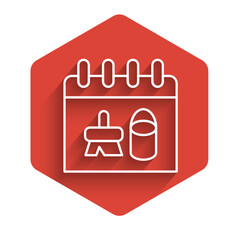 White line Cleaning calendar icon isolated with long shadow. Red hexagon button. Vector