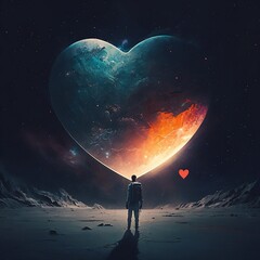 Fototapeta premium A person in space in front of a heart-shaped planet