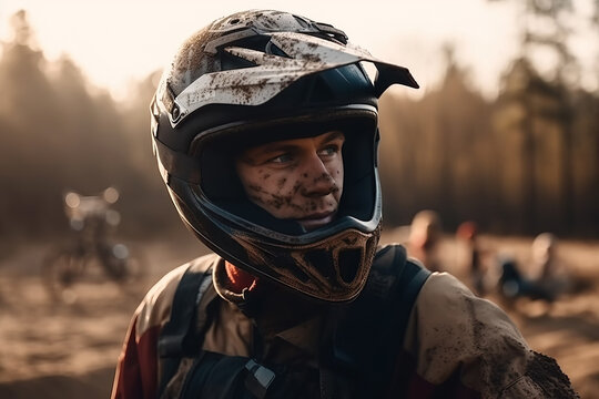 Portrait Of Dirty Racer In Helmet On Sports Motorbike On A Nature Race. Generative AI