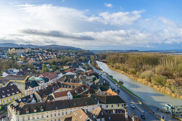 View over the city of Melk  with the Danube in Austria on a sunny winter day