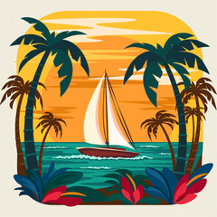 Fototapeta na wymiar Tropical coastline with palm trees and sailboat at sunset, summer vacation concept, flat vector illustration.