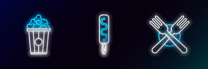 Set line Crossed fork, Popcorn in cardboard box and Ice cream icon. Glowing neon. Vector