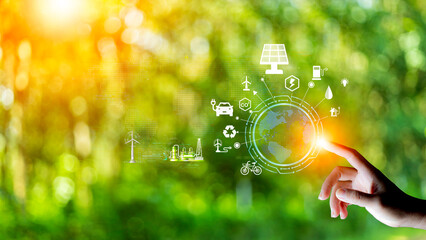 eco friendly energy. Innovation technology eco green concept. Icon bulb energy sources for renewable on green blur background.Concept with innovation inspiration. Idea innovative from the big data