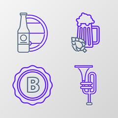 Set line Musical instrument trumpet, Bottle cap with inscription beer, Glass of and hop and Beer bottle wooden barrel icon. Vector