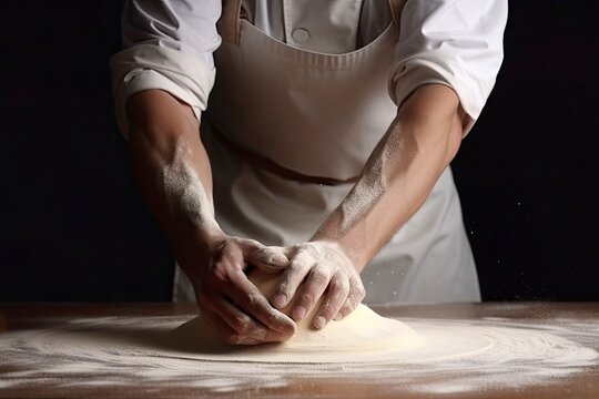 The baker is kneading dough on wooden table. Males hands making bread on dark background. Generative AI