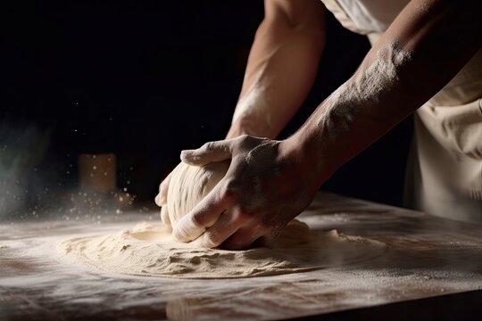 The Baker Is Kneading Dough On Wooden Table. Males Hands Making Bread On Dark Background
