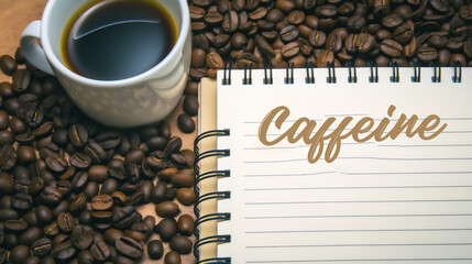 Word "Caffeine" written on a notebook surrounded by coffee beans  Generative AI